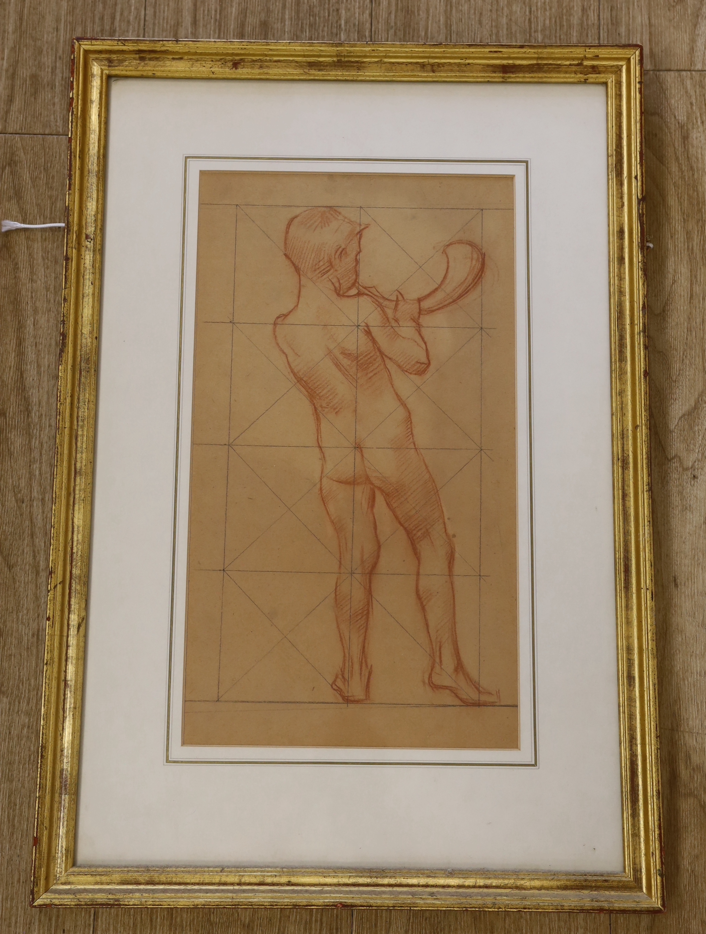 Pre-Raphaelite School, sanguine chalk on buff paper, Gridlined sketch of a putto blowing a horn, 43 x 24cm